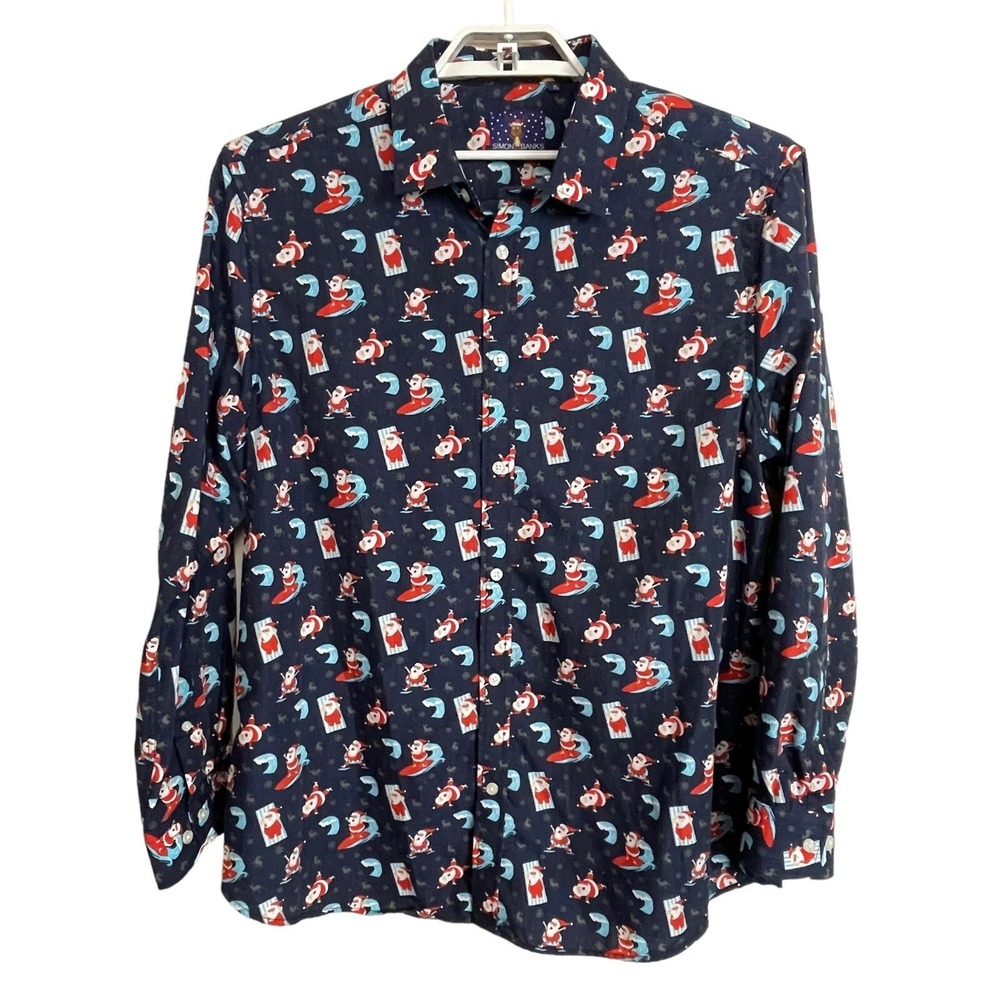 Simon Banks Shirt Mens XL Navy Blue Surfing Santa Christmas Novelty Long Sleeve